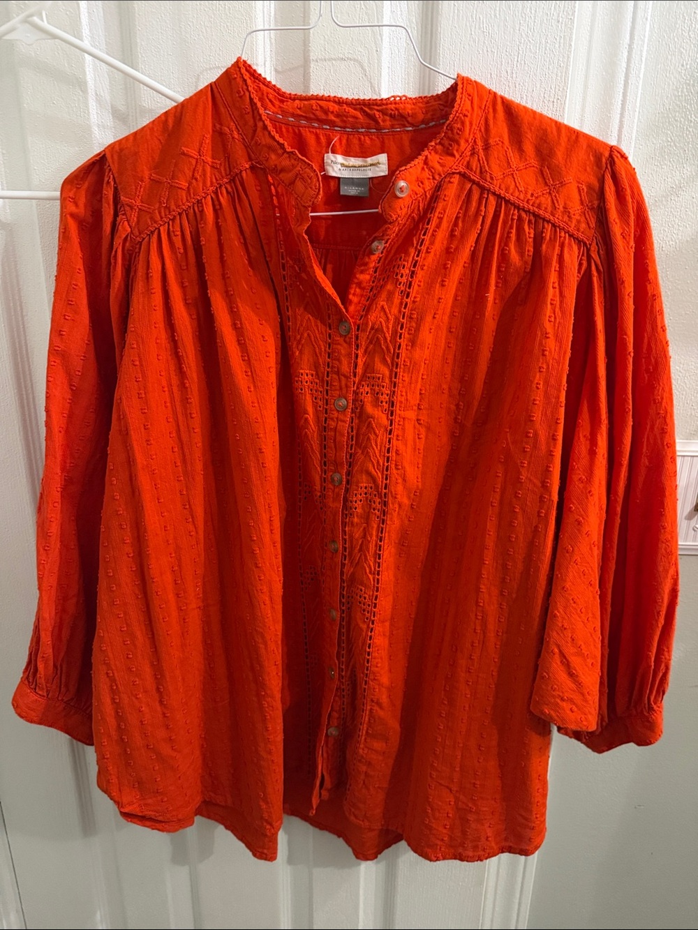 Anthropologie Vibrant Red Orange Eyelet Button-Down Blouse